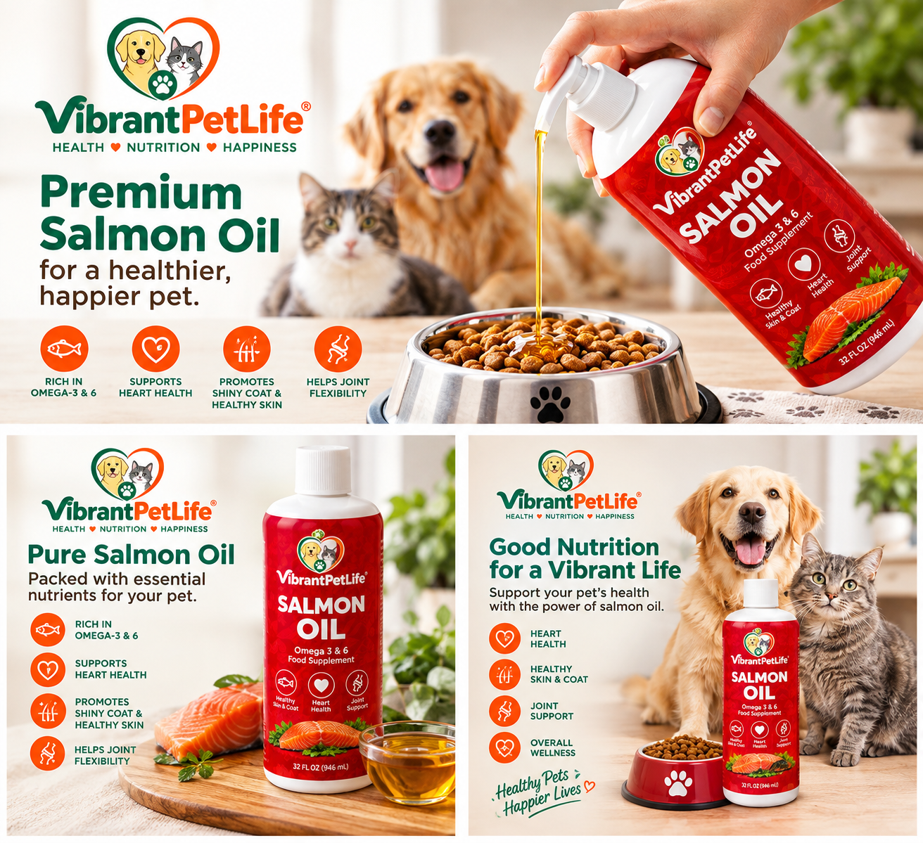Salmon Oil for Dogs & Cats by Vibrant Pet Life, promoting healthy skin, coat, and joint flexibility in pets.