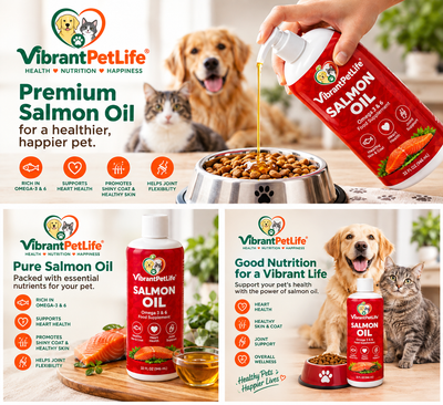 Salmon Oil for Dogs & Cats by Vibrant Pet Life, promoting healthy skin, coat, and joint flexibility in pets.