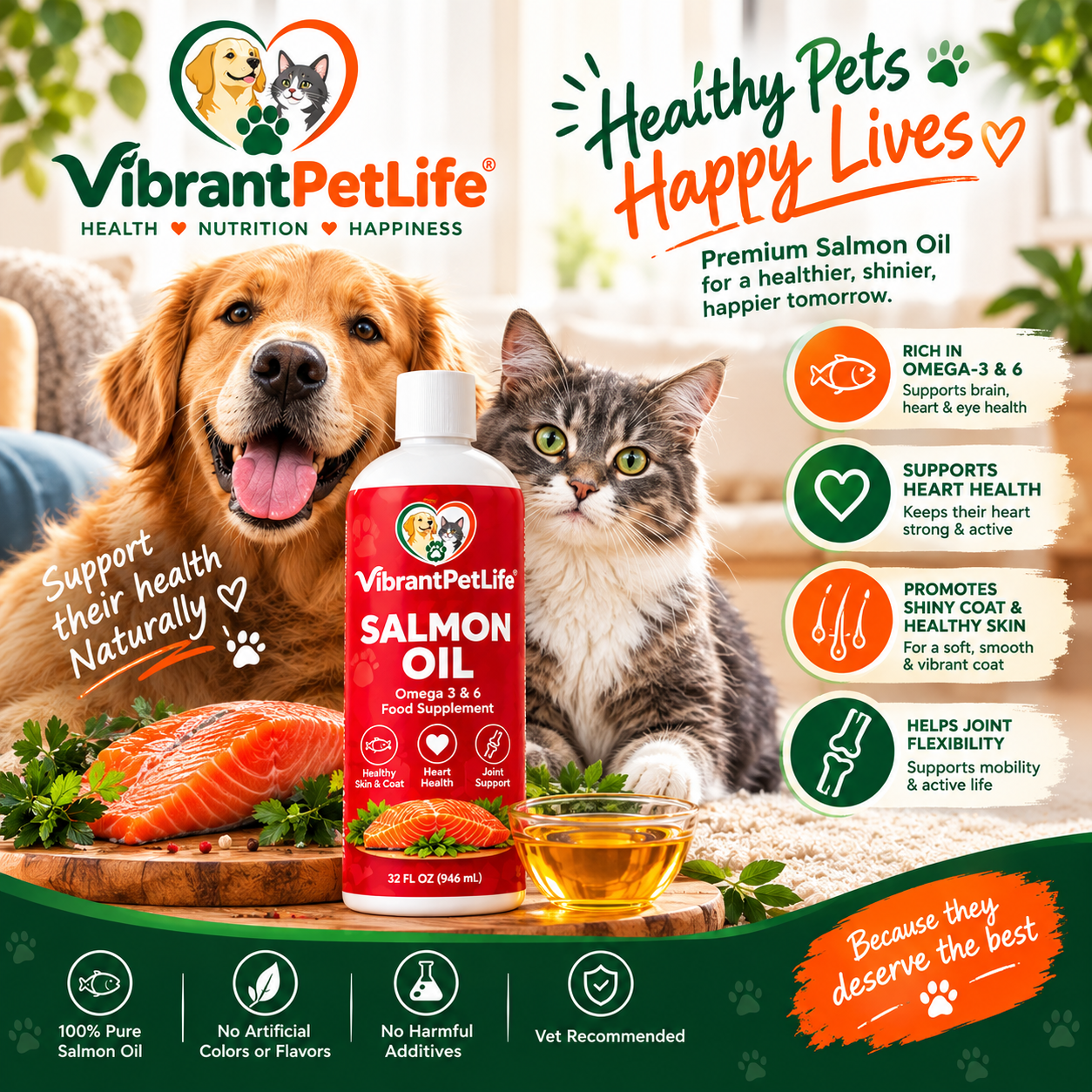 Vibrant Pet Life Salmon Oil for dogs and cats, promoting healthy skin, shiny coat, and overall pet wellness.